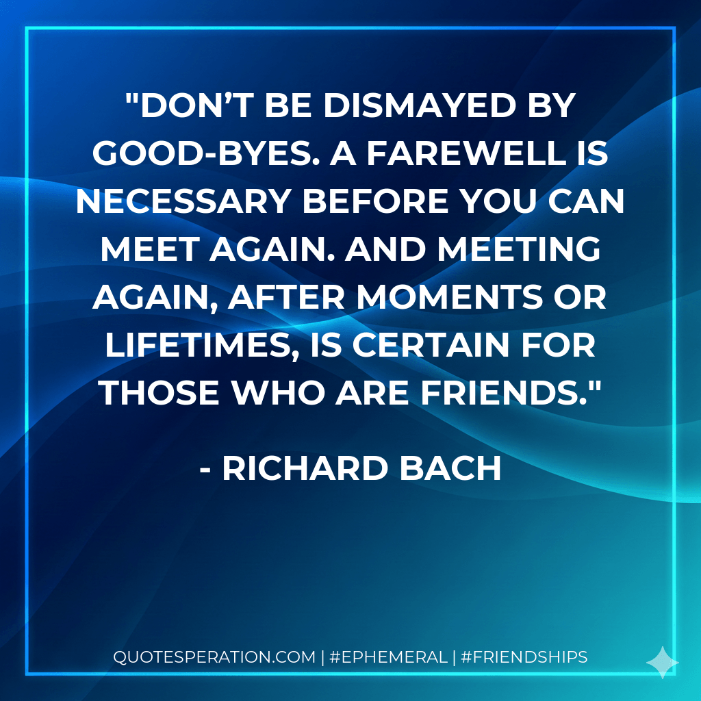 Don’t be dismayed by good-byes. A farewell is necessary before you can meet again. And meeting again, after moments or lifetimes, is certain for those who are friends. - Richard Bach
