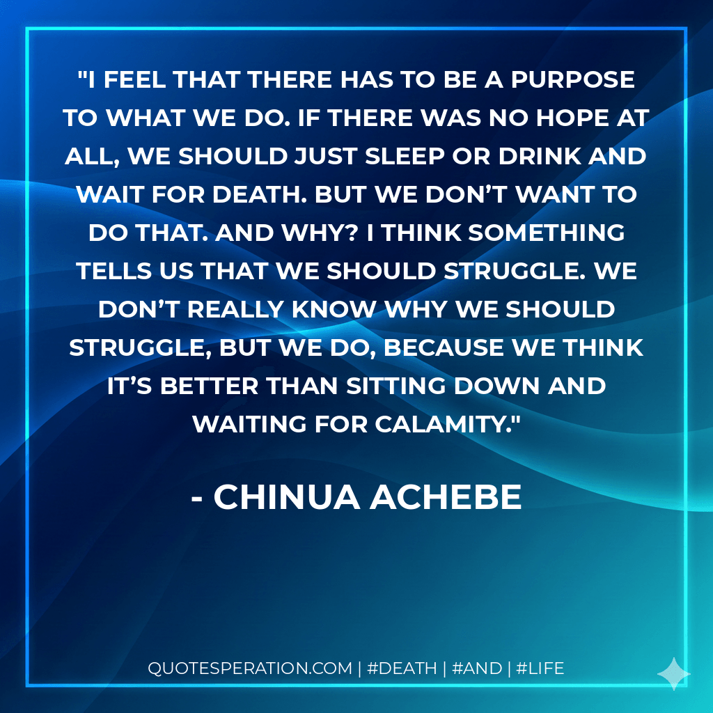 I feel that there has to be a purpose to what we do. If there was no hope at all, we should just sleep or drink and wait for death. But we don’t want to do that. And why? I think something tells us that we should struggle. We don’t really know why we should struggle, but we do, because we think it’s better than sitting down and waiting for calamity. - Chinua Achebe