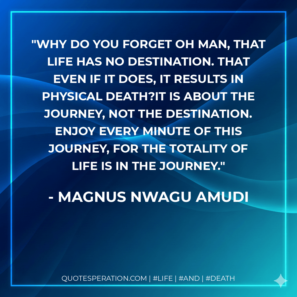 Why do you forget oh man, that life has no destination. That even if it does, it results in physical death?It is about the journey, not the destination. Enjoy every minute of this journey, for the totality of life is in the journey. - Magnus Nwagu Amudi