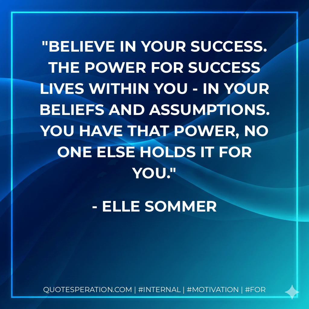 Believe in your success. The power for success lives within you - in your beliefs and assumptions. You have that power, no one else holds it for you. - Elle Sommer