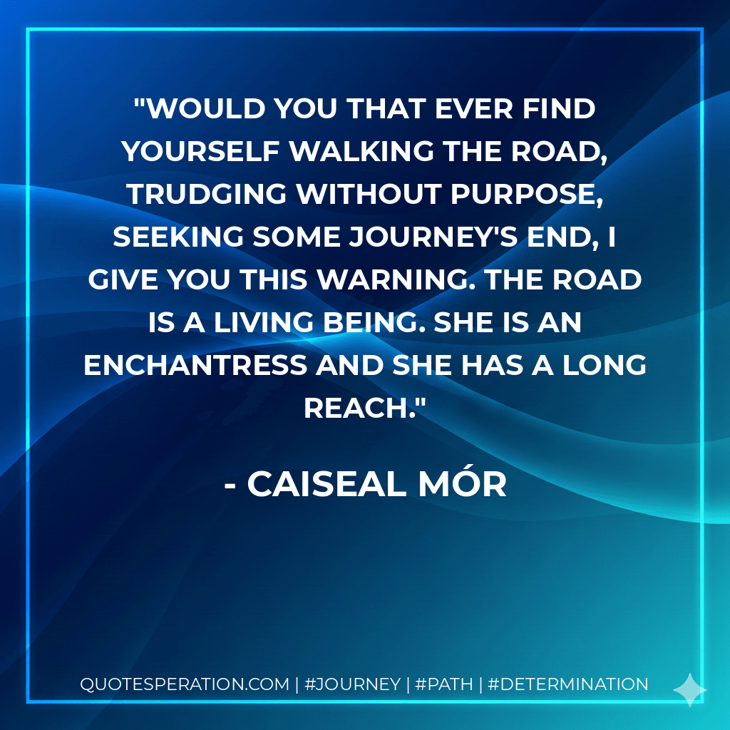 Would you that ever find yourself walking the Road, trudging without purpose, seeking some journey's end, I give you this warning. The Road is a living being. She is an enchantress and She has a long reach. - Caiseal Mór