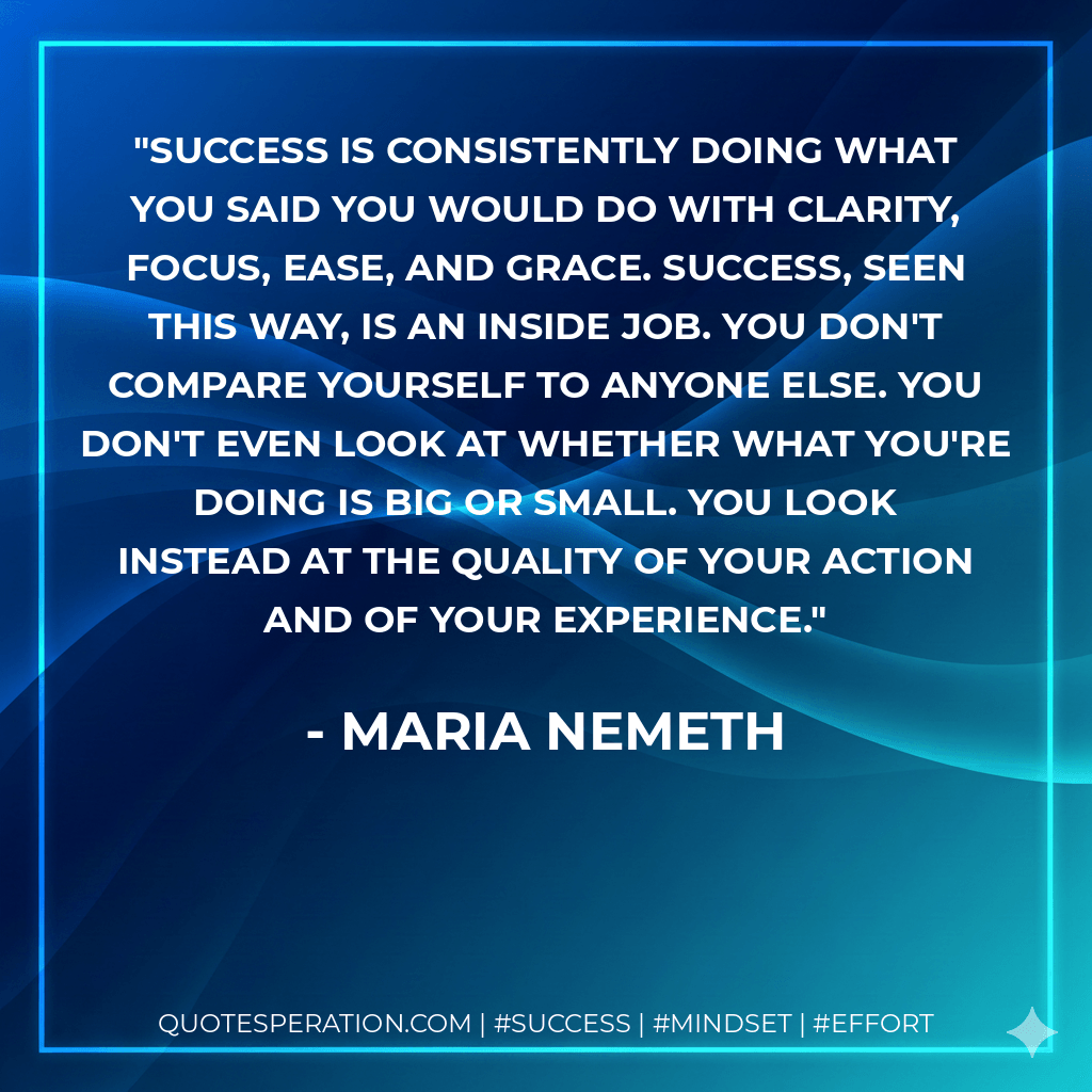 Success is consistently doing what you said you would do with clarity, focus, ease, and grace. Success, seen this way, is an inside job. You don't compare yourself to anyone else. You don't even look at whether what you're doing is big or small. You look instead at the quality of your action and of your experience. - Maria Nemeth