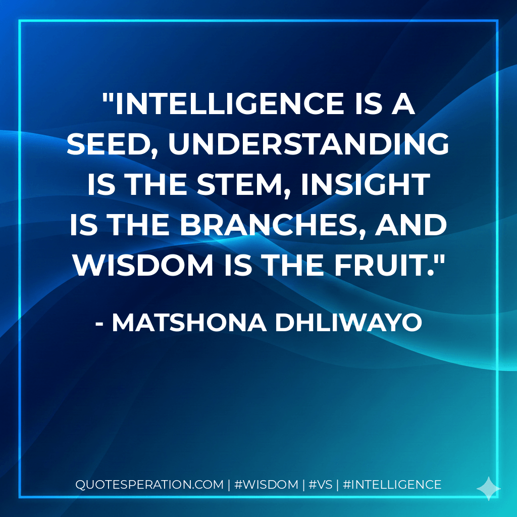 Intelligence is a seed, understanding is the stem, insight is the branches, and wisdom is the fruit. - Matshona Dhliwayo