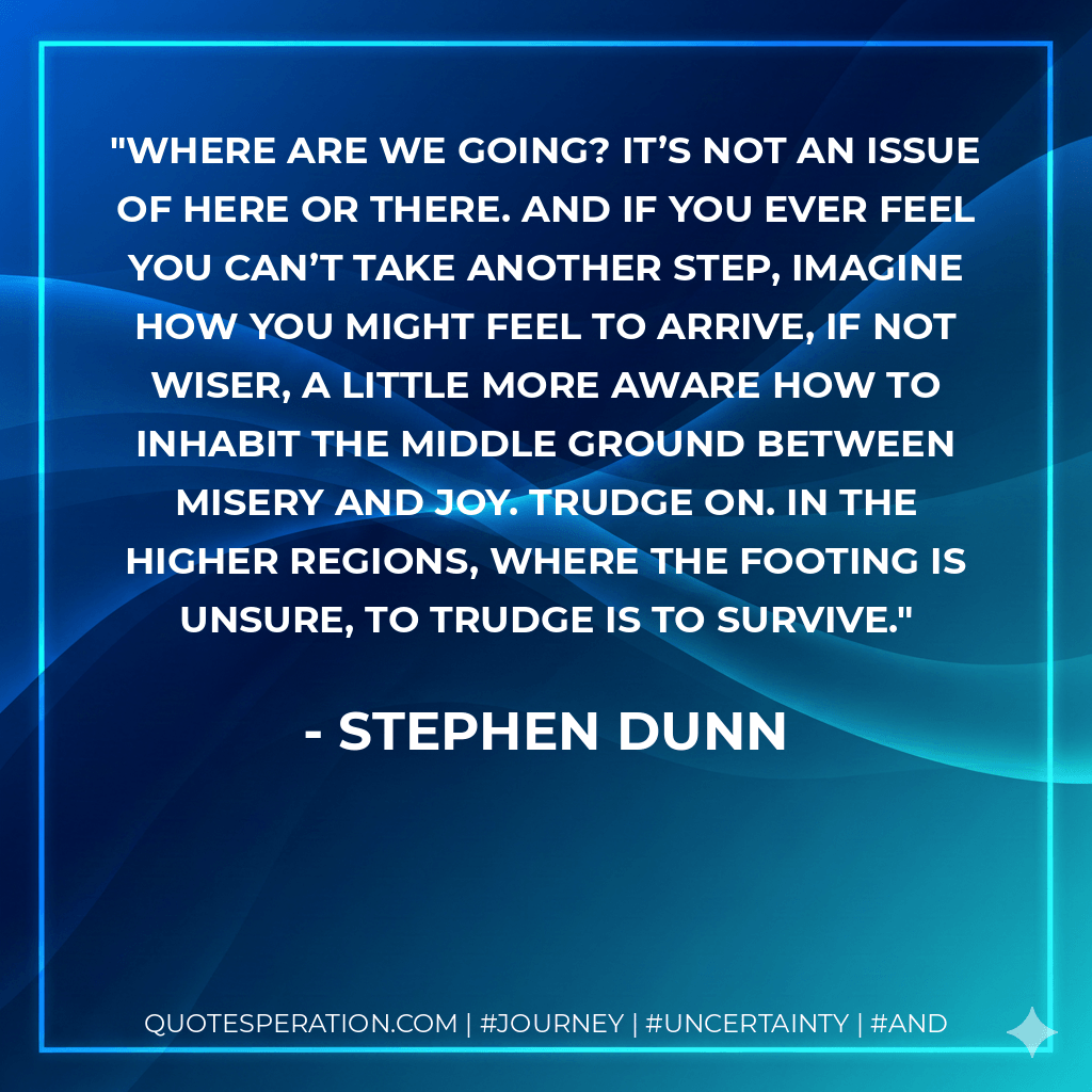Where are we going? It’s not an issue of here or there. And if you ever feel you can’t take another step, imagine how you might feel to arrive, if not wiser, a little more aware how to inhabit the middle ground between misery and joy. Trudge on. In the higher regions, where the footing is unsure, to trudge is to survive. - Stephen Dunn