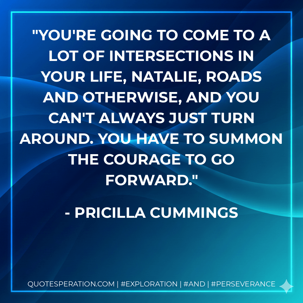 You're going to come to a lot of intersections in your life, Natalie, roads and otherwise, and you can't always just turn around. You have to summon the courage to go forward. - Pricilla Cummings