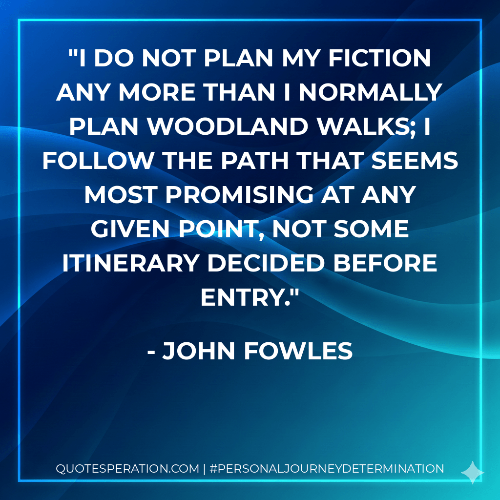 I do not plan my fiction any more than I normally plan woodland walks; I follow the path that seems most promising at any given point, not some itinerary decided before entry. - John Fowles