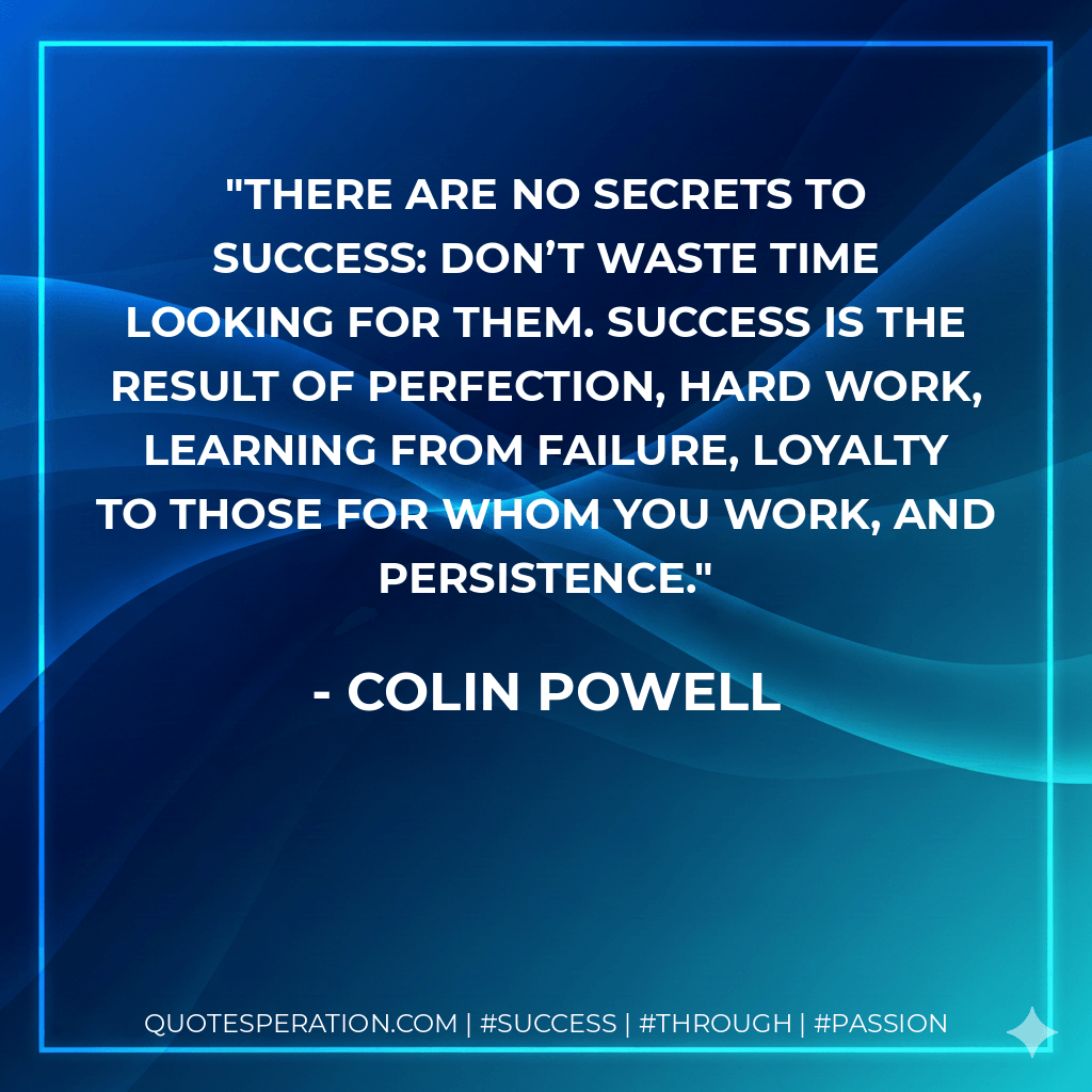 There are no secrets to success: don’t waste time looking for them. Success is the result of perfection, hard work, learning from failure, loyalty to those for whom you work, and persistence. - Colin Powell