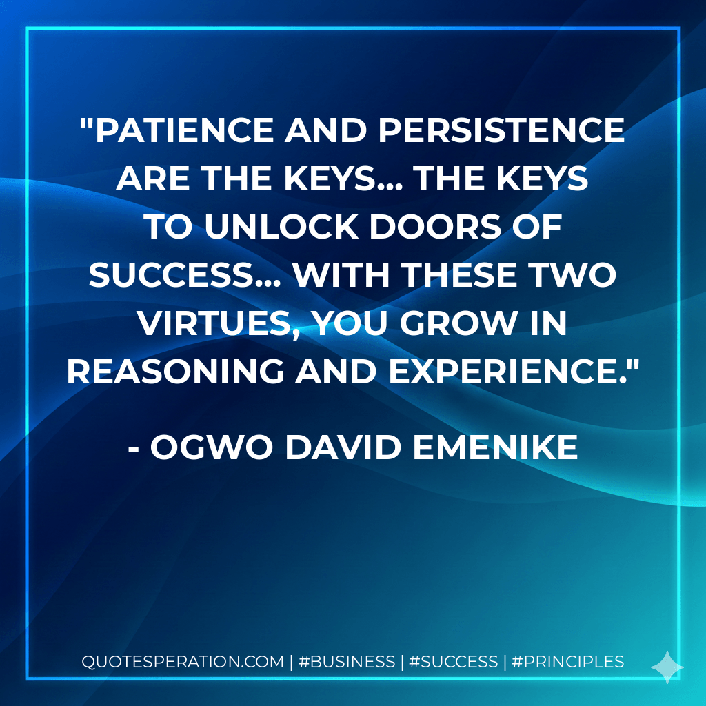 Patience and persistence are the keys... The keys to unlock doors of success... With these two virtues, you grow in reasoning and experience. - Ogwo David Emenike