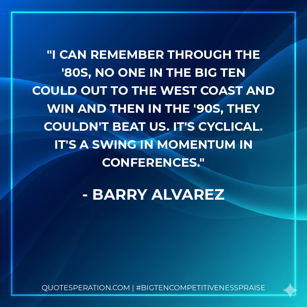 I can remember through the '80s, no one in the Big Ten could out to the West Coast and win and then in the '90s, they couldn't beat us. It's cyclical. It's a swing in momentum in conferences. - Barry Alvarez