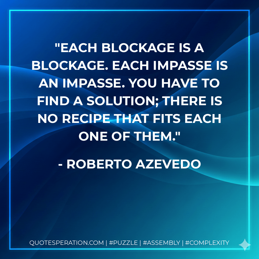 Each blockage is a blockage. Each impasse is an impasse. You have to find a solution; there is no recipe that fits each one of them. - Roberto Azevedo