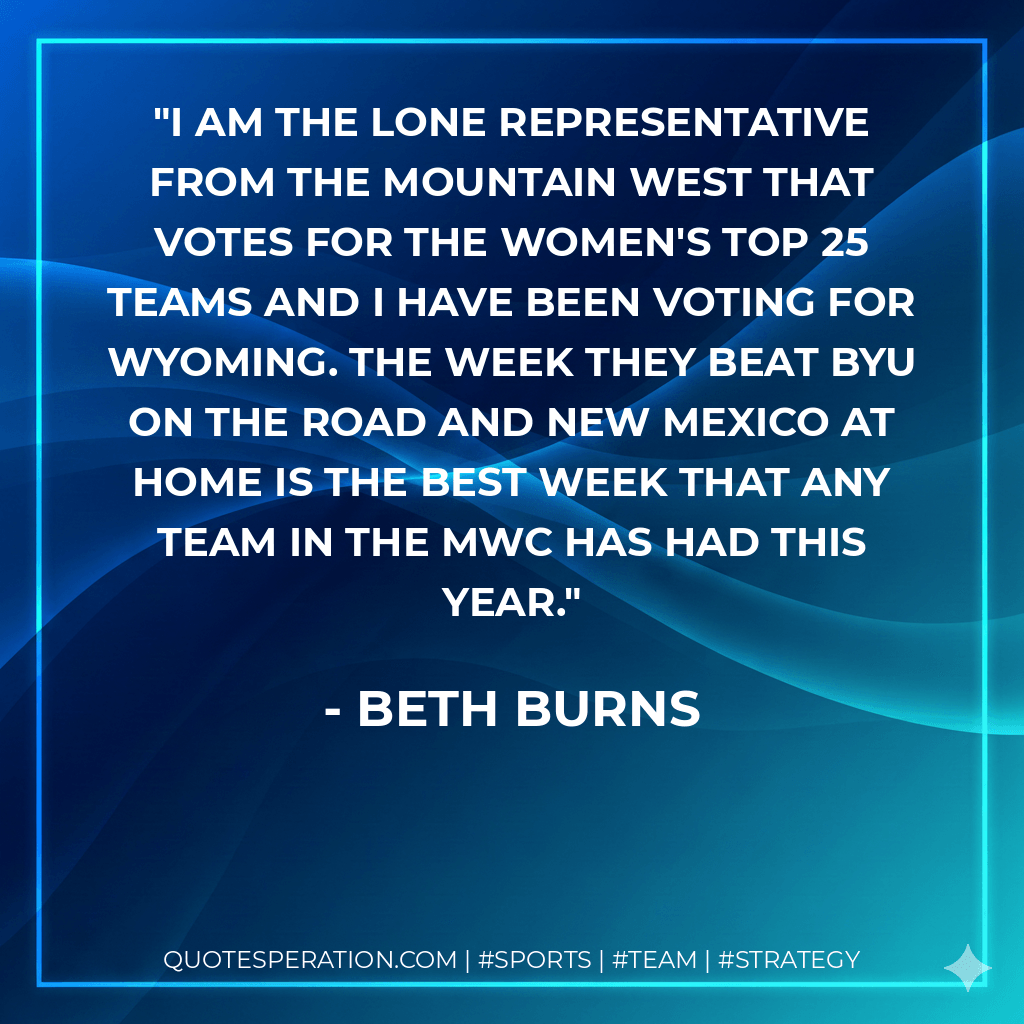 I am the lone representative from the Mountain West that votes for the women's top 25 teams and I have been voting for Wyoming. The week they beat BYU on the road and New Mexico at home is the best week that any team in the MWC has had this year. - Beth Burns
