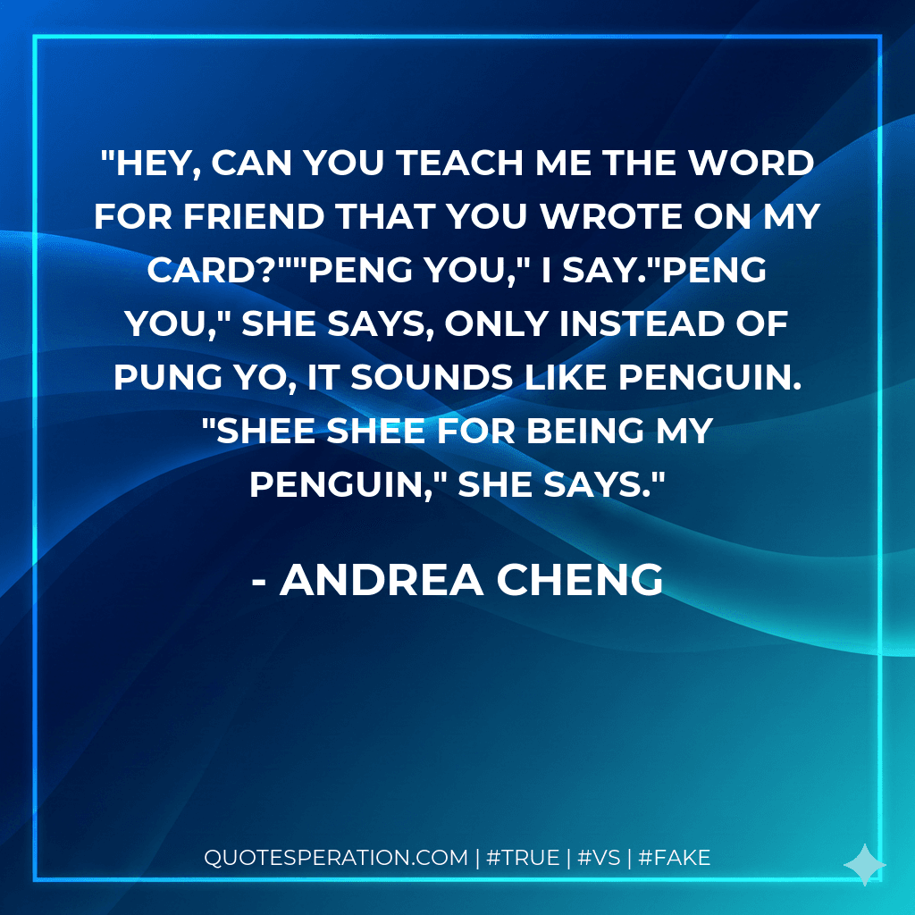 Hey, can you teach me the word for friend that you wrote on my card?""Peng you," I say."Peng you," she says, only instead of pung yo, it sounds like penguin. "Shee shee for being my penguin," she says.