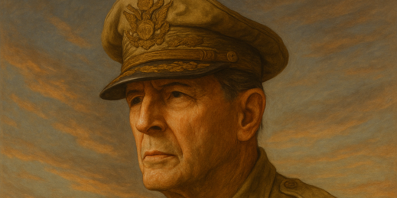 An oil painting of Douglas MacArthur's face