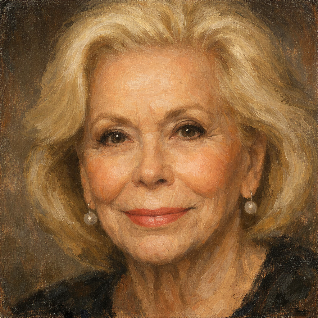 An oil painting of Louise Hay's face
