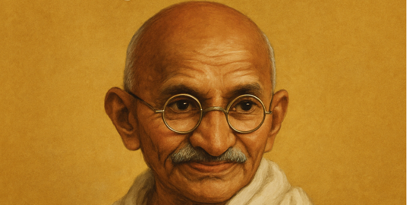 an oil painting of Mahatma Ghandi's face.