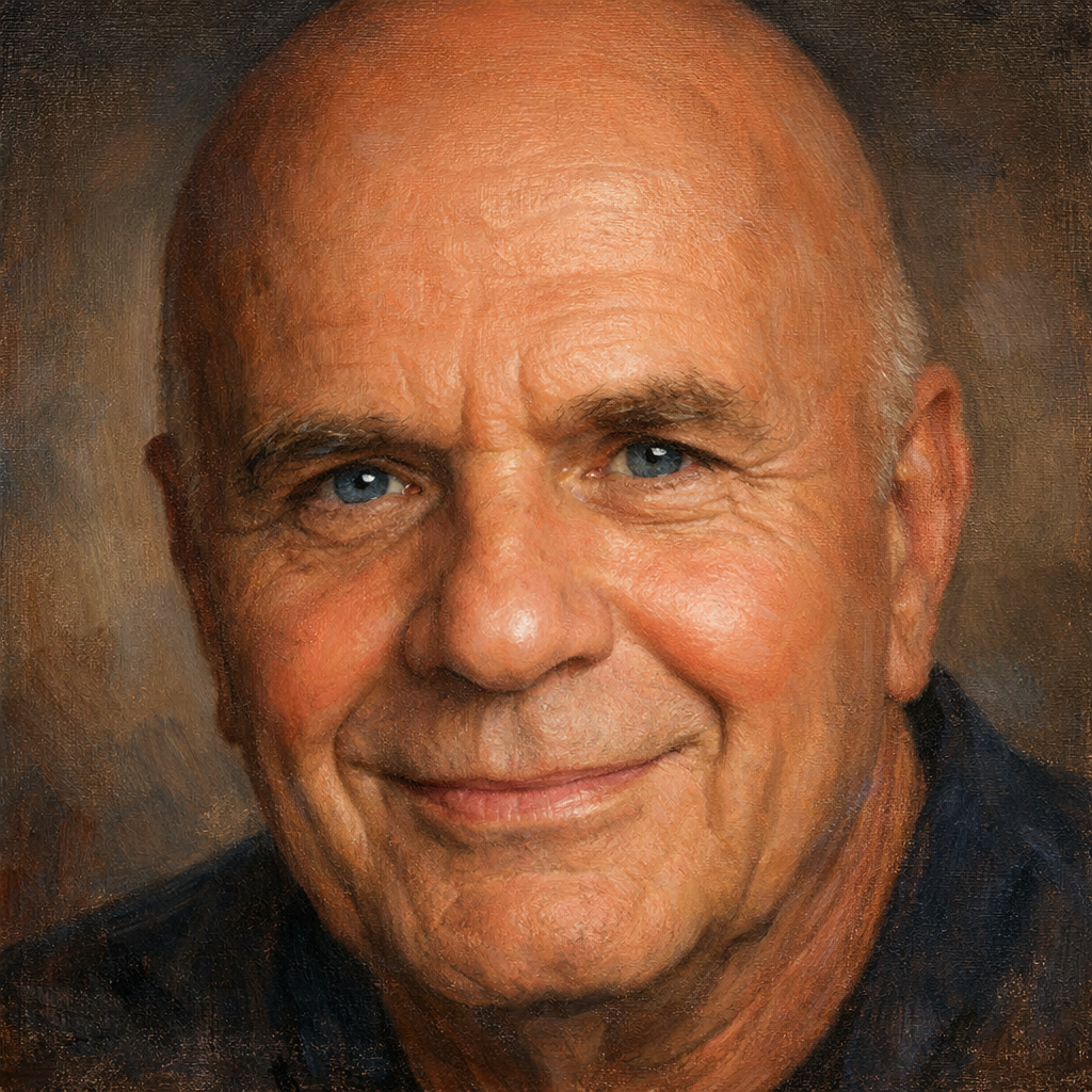 An oil painting of Wayne Dyer's face