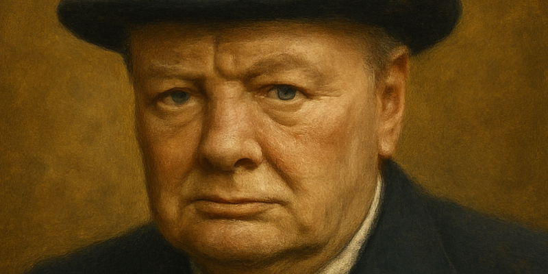 The image is a formal oil portrait of Winston Churchill, rendered in a classical, realistic style. He is shown from the chest up, facing forward with a stern and resolute expression. Churchill is wearing a dark navy suit, a polka-dot bow tie, and a black Homburg hat. His iconic jowled face and piercing blue eyes are depicted with fine detail, capturing his serious demeanor and historical gravitas.